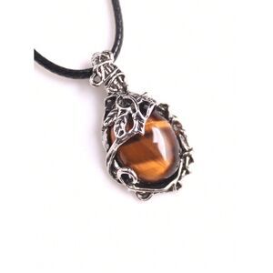 Silver Tiger's Eye Oval Pendant Necklace Adjustable Gemstone Charm Crystal Boho